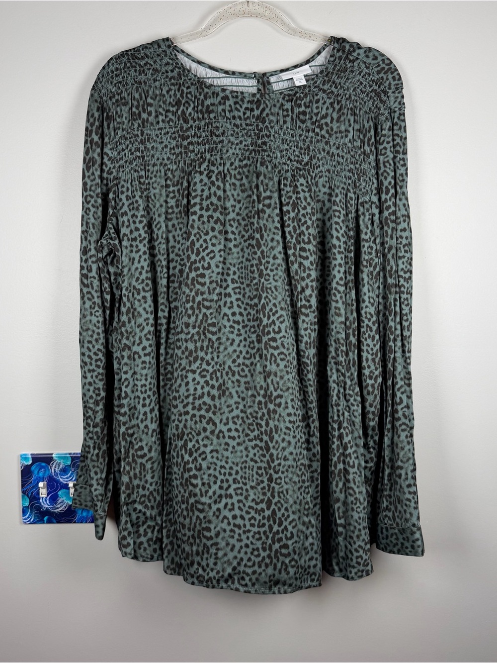 J. Jill Allover Leopard Print LS Satin Blouse Green Work Viscose Top XL Tall